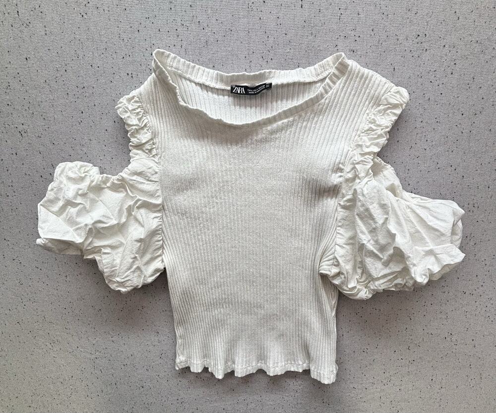 Zara Off White Cold Shoulder Top Textured Mixed Media Puff Sleeve Size One Size